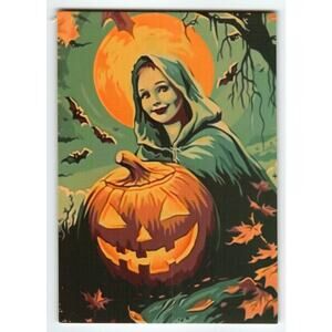 Vintage Halloween Photochrome Postcard Girl with Jack-O-Lantern & Bats